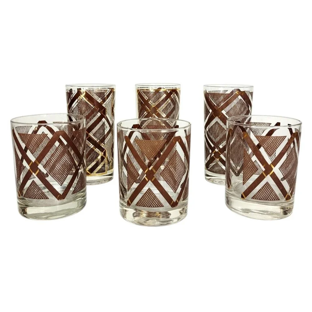 VTG Georges Briard MCM Brown Gold Plaid 3 Hi-Ball 3 Lo-Ball Glasses Set of Six